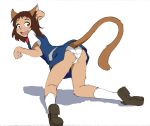  2020 anthro breasts brown_hair butt camel_toe clothing domestic_cat felid feline felis female footwear ghibli hair looking_back mammal omarushi999 open_mouth panties pawpads shoes simple_background solo the_cat_returns transformation underwear whiskers white_background yoshioka_haru 