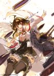  1girl absurdres ahoge bangs breasts brown_eyes brown_hair brown_legwear clenched_hand dated detached_sleeves eyebrows_visible_through_hair frilled_skirt frills hairband headgear highres japanese_clothes kantai_collection kongou_(kantai_collection) long_hair long_sleeves nagasawa_tougo nontraditional_miko open_mouth ribbon-trimmed_sleeves ribbon_trim rigging skirt solo thighhighs twitter_username 
