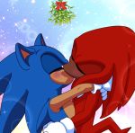  absurd_res anthro blue_body blue_fur blush christmas duo echidna eulipotyphlan eyes_closed fur hedgehog hi_res holidays hug kissing knuckles_the_echidna kukkiisart male male/male mammal mistletoe monotreme plant red_body red_fur romantic_ambiance sonic_the_hedgehog sonic_the_hedgehog_(series) 