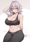  1girl ahoge bangs bare_shoulders black_tank_top blush breasts cleavage collarbone commentary_request crop_top curvy eyebrows_visible_through_hair fate/grand_order fate_(series) hair_between_eyes holding holding_towel jeanne_d&#039;arc_(alter)_(fate) jeanne_d&#039;arc_(fate)_(all) kuavera large_breasts looking_at_viewer medium_hair midriff navel pants silver_hair sitting sports_bra sweat thick_thighs thighs towel yellow_eyes yoga_pants 