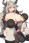 1girl 2boys arknights bangs black_legwear blush breast_sucking breasts ce-_-3 fangs grey_hair highres horns jacket large_breasts long_hair matoimaru_(arknights) milk multiple_boys open_clothes open_jacket open_mouth red_eyes seiza shota simple_background sitting thighhighs white_background white_jacket 