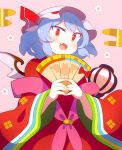  1girl 60mai bangs bat_wings blue_hair blush bow commentary_request cowboy_shot eyebrows_visible_through_hair fan fang folding_fan hat hat_ribbon holding holding_fan japanese_clothes kimono long_sleeves looking_at_viewer mob_cap open_mouth pink_background pink_headwear red_bow red_eyes red_kimono red_ribbon remilia_scarlet ribbon short_hair solo touhou v-shaped_eyebrows wide_sleeves wings 