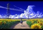  1girl absurdres aircraft airplane amemori_sayo black_footwear black_hair blue_skirt condensation_trail day field flower flower_field highres huge_filesize looking_back nemu_kotatsu nijisanji outdoors power_lines school_uniform serafuku shadow short_hair_with_long_locks skirt socks solo standing standing_on_one_leg sunflower virtual_youtuber 