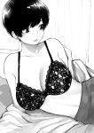  1girl bed bra breasts cleavage earrings english_commentary greyscale highres jewelry lace lace_bra large_breasts looking_away lying monochrome norman_maggot olive_laurentia on_side open_clothes open_shirt original pencil_skirt pixie_cut short_hair skirt solo underwear 
