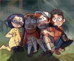  2boys 2girls black_hair blue_hair brother_and_sister brown_hair coraline coraline_jones crossover dipper_pines frown gravity_falls guillotin hair_ornament hairband hat mabel_pines multiple_boys multiple_girls norman_babcock open_mouth paranorman shadow siblings sitting 