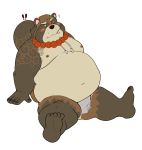  2020 absurd_res anthro asian_clothing belly blush brown_body brown_fur canid canine clothing east_asian_clothing fundoshi fur gyobu hi_res japanese_clothing male mammal moobs nipples overweight overweight_male purple_tuesdays raccoon_dog simple_background sitting solo tanuki tattoo tokyo_afterschool_summoners underwear video_games white_background 