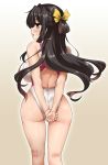 1girl alternate_costume arms_behind_back ass ass_visible_through_thighs bangs black_hair breasts cameltoe competition_swimsuit covered_navel covered_nipples eyebrows_visible_through_hair from_below hair_ribbon highleg highleg_swimsuit highres kantai_collection large_breasts long_hair multicolored_hair naganami_(kantai_collection) one-piece_swimsuit pink_hair revision ribbon simple_background skindentation solo standing swimsuit thighs two-tone_hair wavy_hair yellow_ribbon yoshi_tama 