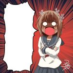  1girl anger_vein angry blue_skirt brown_hair crossed_arms dog_tags emphasis_lines eyebrows_visible_through_hair folded_ponytail hair_between_eyes highres inazuma_(kantai_collection) kantai_collection looking_at_viewer neckerchief open_mouth plaid plaid_skirt red_background red_neckwear sailor_collar shirt signature skirt solid_circle_eyes solo template v-shaped_eyebrows white_serafuku white_shirt yua_(checkmate) 
