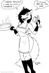  2019 anthro apron apron_only breasts canid canine cleavage clothed clothing cooking dialogue english_text female fox fur hair mammal monochrome mostly_nude solo tegerio text whiskers 