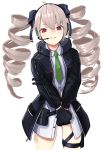  1girl absurdres bangs black_gloves black_jacket blush drill_hair eyebrows_visible_through_hair girls_frontline gloves green_neckwear grey_hair hair_ribbon headphones headset highres holster jacket long_hair long_sleeves mari0ball necktie pouch pp-90_(girls_frontline) red_eyes ribbon simple_background solo thigh_holster twin_drills twintails white_background 