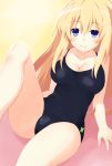  1girl blonde_hair blue_eyes blush breasts cleavage eyebrows_visible_through_hair iwasi-r large_breasts long_hair looking_at_viewer neptune_(series) one-piece_swimsuit smile solo swimsuit vert very_long_hair 