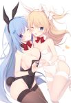  2girls ;d animal_ears asymmetrical_docking bare_arms bare_shoulders black_leotard blonde_hair blue_eyes blue_hair bow bowtie breast_press breasts brown_legwear bunny_ears bunny_tail bunnysuit cleavage collarbone detached_collar emori_el emori_miku emori_miku_project fake_animal_ears fake_tail fishnet_legwear fishnets floating_hair hair_bow hair_ornament heart heart_hands heart_hands_duo highres large_breasts leg_up leotard long_hair looking_at_viewer medium_breasts miko_92 multiple_girls nail_polish one_eye_closed one_side_up open_mouth parted_lips purple_eyes red_neckwear shoes skindentation smile tail thighhighs thighs very_long_hair white_bow white_legwear white_leotard wrist_cuffs 