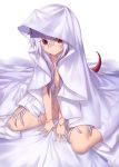  1girl bangs bed_sheet breasts collarbone commentary_request eyes_visible_through_hair facial_mark full_body hair_between_eyes horns ibuki_notsu lavender_hair long_hair looking_at_viewer melusine_(ibuki_notsu) naked_sheet original red_eyes sitting slit_pupils small_breasts solo tail very_long_hair wariza younger 