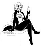  2020 alcohol anthro beverage breasts champagne female fur hair kelly_o&#039;dor looking_at_viewer mammal mephitid monochrome mostly_nude pinup pose skunk smile solo striped_skunk tegerio zandar&#039;s_saga 