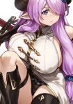  1girl breasts covered_nipples demon_horns draph elbow_gloves fighting_stance gloves granblue_fantasy hair_over_one_eye highres holding holding_sword holding_weapon horns houtengeki huge_breasts large_breasts lavender_hair narmaya_(granblue_fantasy) pointy_ears purple_eyes sheath squatting sword thigh_strap weapon 