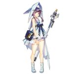  1girl arknights bag bangs bare_arms bare_legs bare_shoulders blue_bow blue_eyes blue_sash boots bow dress full_body handbag hat long_hair looking_at_viewer low_twintails official_art purestream_(arknights) purple_hair short_dress sleeveless sleeveless_dress smile solo staff standing thighs transparent_background twintails white_dress white_footwear yui_(niikyouzou) 