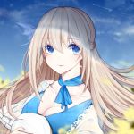  3874384829 blue_dress blue_eyes breasts butterfly_earrings cleavage dress earrings feather_hair_ornament jewelry large_breasts lexington_(warship_girls_r) long_hair platinum_blonde_hair smile warship_girls_r 