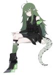  1girl a_iri_a absurdres antenna_hair arknights armband bare_shoulders belt belt_pouch black_dress boots closed_mouth crocodile_tail crossed_legs detached_sleeves dress full_body gavial_(arknights) green_hair green_legwear high_heel_boots high_heels highres invisible_chair kneehighs long_hair long_sleeves looking_at_viewer pointy_ears pouch simple_background sitting solo very_long_hair white_background yellow_eyes 