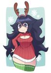  1girl al_bhed_eyes alternate_costume antlers black_hair blush breasts cleavage cleavage_cutout cowboy_shot cropped_legs green_legwear gro-ggy hair_between_eyes hand_on_hip hex_maniac_(pokemon) highres large_breasts long_hair long_sleeves looking_at_viewer messy_hair no_nose pokemon pokemon_(game) pokemon_xy red_sweater reindeer_antlers smile snowflakes solo source_request sweater thighhighs very_long_hair zettai_ryouiki 