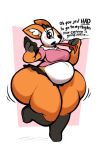  2020 aggressive_retsuko antelope anthro belly big_butt blush boot_(artist) bovid breasts butt clothing english_text female mammal overweight phone sanrio simple_background solo text thick_thighs tongue tongue_out tsunoda wide_hips 