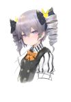  1girl bangs black_bow black_vest blush bow bronya_zaychik bunny_hair_ornament closed_mouth collared_shirt commentary_request cropped_torso dokomon drill_hair eyebrows_visible_through_hair grey_hair hair_between_eyes hair_bow hair_ornament highres honkai_(series) honkai_impact_3rd korean_commentary orange_bow polka_dot polka_dot_bow puffy_short_sleeves puffy_sleeves purple_eyes shirt short_sleeves simple_background solo striped striped_shirt twin_drills twintails upper_body vertical-striped_shirt vertical_stripes vest white_background white_shirt 