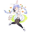  1girl ;d absurdres animal_ear_fluff animal_ears bangs black_gloves black_legwear blue_hair blush braid breasts bunny bunny_ears carrot carrot_hair_ornament coat eyebrows_visible_through_hair food_themed_hair_ornament full_body fur_trim gloves hair_ornament heart highres hololive long_braid long_hair looking_at_viewer medium_breasts meng_ge_3_(565571710) multicolored_hair one_eye_closed open_mouth pantyhose scarf sitting smile solo twin_braids usada_pekora v virtual_youtuber white_coat white_footwear white_hair 