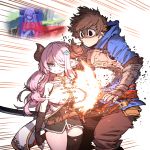  1boy 1girl belt blood blood_from_mouth blue_eyes breasts brown_hair draph fingerless_gloves gameplay_mechanics gauntlets gloves gran_(granblue_fantasy) granblue_fantasy granblue_fantasy_versus hair_ornament hair_over_one_eye hairclip highres hit_box hitting hood hoodie horns idohj12 large_breasts narmaya_(granblue_fantasy) pink_hair pointy_ears single_thighhigh thighhighs 