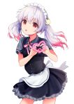  1other :o absurdres apron back_bow bear_hair_ornament blush bow commentary_request dress eyebrows_visible_through_hair fukakai_na_boku_no_subete_wo gradient_hair grey_shirt hair_between_eyes hair_ornament heart heart_hands highres konayama_kata layered_dress looking_at_viewer maid_headdress medium_hair multicolored_hair open_mouth original pinafore_dress red_eyes red_hair shirt short_sleeves silver_hair simple_background solo twintails waist_apron white_background 