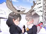  2girls animal_ear_fluff animal_ears antlers bangs bell black_gloves black_hair blush breath brown_eyes commentary_request extra_ears eye_contact eyebrows_visible_through_hair fur-trimmed_sleeves fur_collar fur_trim gloves green_eyes grey_hair hair_ribbon holding_hands kemono_friends long_hair long_sleeves looking_at_another medium_hair moose_(kemono_friends) moose_ears mountainous_horizon multiple_girls nb_(pixiv594732) profile red_ribbon reindeer_(kemono_friends) reindeer_antlers reindeer_ears ribbon sideways_mouth smile snow tree upper_body yuri 