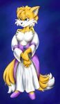  2_tails age_difference anthro blue_eyes breasts canid canine chest_fur clothed clothing crossgender digital_media_(artwork) featureless_breasts female fox fur illys mammal miles_prower multi_tail older_female simple_background solo sonic_the_hedgehog_(series) 