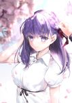  1girl bangs black_ribbon blurry_foreground breasts commentary_request dress eyebrows_visible_through_hair fate/stay_night fate_(series) hair_ribbon hane_yuki highres large_breasts long_hair looking_at_viewer matou_sakura purple_eyes purple_hair red_ribbon ribbon smile solo_focus 