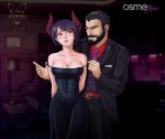  1boy 1girl absurdres beard black_hair black_jacket black_pants breasts couple demon demon_girl dress facial_hair formal highres horns jacket lucifer office open_clothes open_jacket original osmedraw pants shirt succubus suit 