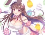  1girl :d animal_ears apron bare_shoulders blush breasts brown_hair bunny_ears bunny_hair_ornament cleavage collarbone covered_nipples crop_top detached_collar detached_sleeves floating_hair frilled_cuffs frilled_skirt frills hair_ornament half_updo large_breasts long_hair looking_at_viewer maid maid_apron maid_headdress midriff miniskirt naruse_mamoru navel neck_ribbon open_mouth original pink_skirt puffy_short_sleeves puffy_sleeves red_eyes red_neckwear ribbon short_sleeves sidelocks skirt smile solo stomach upper_body very_long_hair waist_apron wrist_cuffs x_hair_ornament 
