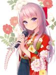 1girl bangs blush bow commentary_request eyebrows_visible_through_hair floral_print hair_bow himehina_channel holding holding_microphone japanese_clothes kimono long_hair looking_at_viewer microphone nullken pink_hair purple_eyes red_bow red_kimono smile solo tanaka_hime virtual_youtuber 