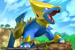  2015 blue_sky cloud cloudy_sky commentary creature day dog_focus english_commentary fangs full_body gen_3_pokemon grass looking_up manectric match_(idleslumber) multiple_sources no_humans open_mouth outdoors pokemon pokemon_(creature) pokemon_trading_card_game red_eyes sky solo standing tree watermark 