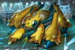  2016 blue_eyes bug commentary creature electricity english_commentary full_body galvantula gen_5_pokemon match_(idleslumber) multiple_sources no_humans pokemon pokemon_(creature) pokemon_trading_card_game solo spider standing watermark 
