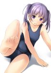  1girl arm_support bangs bare_arms bare_legs bare_shoulders barefoot blue_swimsuit blush breasts collarbone commentary_request eyebrows_visible_through_hair hair_tie highres leg_up looking_at_viewer old_school_swimsuit one-piece_swimsuit original parted_lips purple_eyes purple_hair school_swimsuit shadow shibacha sidelocks small_breasts smile soles solo swimsuit toes twintails white_background 