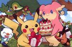  :d ^_^ audino birthday blue_sky box brown_eyes cake closed_eyes cloud cloudy_sky commentary day english_commentary eo_kanako facing_viewer fangs food gen_1_pokemon gen_5_pokemon gift grass happy holding holding_box holding_gift looking_at_viewer multiple_sources official_art open_mouth oshawott outdoors pikachu pokemon pokemon_trading_card_game shadow sky smile snivy standing tepig third-party_source tree 