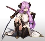  1girl breasts covered_nipples demon_horns draph elbow_gloves fighting_stance gloves granblue_fantasy hair_over_one_eye highres holding holding_sword holding_weapon horns houtengeki huge_breasts large_breasts lavender_hair narmaya_(granblue_fantasy) pointy_ears purple_eyes sheath squatting sword thigh_strap thighs weapon 