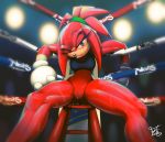  abs anthro blue_eyes blush bodily_fluids bottomless boxing clothed clothing crossgender echidna feliscede female fighting_ring furniture genitals halter_top knuckles_the_echidna looking_at_viewer mammal monotreme one_eye_closed pussy red_body ring sitting solo sonic_the_hedgehog_(series) sport spread_legs spreading stool sweat 