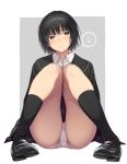  1girl amagami bangs black_eyes black_hair blush bob_cut kibito_high_school_uniform looking_to_the_side nanasaki_ai nozomi-y panties pantyshot pantyshot_(sitting) school_uniform short_hair sitting solo speech_bubble two-tone_background underwear white_panties 