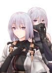  2girls absurdres ak-15_(girls_frontline) black_gloves bodysuit girls_frontline gloves hair_ornament highres leonardo_566 long_hair looking_at_viewer military military_uniform multiple_girls open_mouth purple_eyes rpk-16_(girls_frontline) short_hair silver_hair smile uniform white_background 