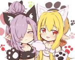  2girls :3 :d animal_ear_fluff animal_ears bangs bare_shoulders black_bra black_gloves blonde_hair blush bow bra breasts brown_bow cat_cutout cat_ears cat_lingerie cleavage cleavage_cutout closed_mouth collarbone commentary_request de_gutaoru earrings eyebrows_visible_through_hair fake_animal_ears fang gloves granblue_fantasy hair_between_eyes hair_bun hair_over_one_eye harvin jewelry long_hair mahira_(granblue_fantasy) medium_breasts meme_attire multiple_girls nio_(granblue_fantasy) open_mouth paw_background paw_gloves paws pointy_ears purple_eyes purple_hair red_eyes simple_background small_breasts smile underwear upper_body white_background white_bra white_gloves 