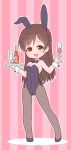  1girl alcohol animal_ears black_legwear black_leotard black_neckwear bottle bow bowtie breasts brown_eyes brown_hair bunny_ears bunnysuit champagne champagne_flute commentary_request cup detached_collar drinking_glass full_body glass idolmaster idolmaster_cinderella_girls leotard long_hair looking_at_viewer medium_breasts nitta_minami pantyhose pink_background smile solo standing strapless strapless_leotard striped striped_background susagane tray wrist_cuffs 