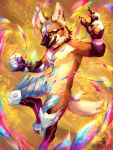  2019 anthro armor baristacat_(artist) brown_body brown_fur brown_nose canid canine digitigrade fangs fist flying fur magic mammal maned_wolf nude rainbow simple_background smile smirk solo 