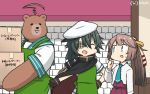  1other 2girls ahoge animalization apron bear blazer box brown_hair cape closed_eyes commentary_request cowboy_shot dated eyepatch green_apron green_hair hair_ribbon halterneck hamu_koutarou hands_on_hips hat highres huge_ahoge jacket kantai_collection kazagumo_(kantai_collection) kiso_(kantai_collection) kuma_(kantai_collection) long_hair multiple_girls necktie pauldrons peaked_cap pleated_skirt ponytail remodel_(kantai_collection) ribbon school_uniform serafuku short_hair silver_eyes skirt toilet_paper translation_request white_headwear 