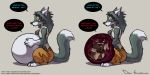  anthro belly big_belly breasts canid canine davi-escorsin dialogue felid feline female female_pred internal larger_female male male/female male_prey mammal oral_vore size_difference smaller_male stomach talking_to_viewer vore 