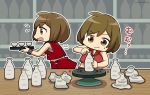  2girls bare_shoulders bottle brown_eyes brown_hair chibi clay commentary crop_top cup dual_persona meiko meiko_(vocaloid3) multiple_girls nokuhashi open_mouth potters_wheel pottery red_shirt red_skirt sake_bottle shelf shirt short_hair skirt sweatdrop translated tray vocaloid wooden_table wristband 