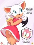  3:4 alternate_costume amy_rose anthro big_breasts bodily_fluids breasts chiropteran clothing clothing_swap cosplay dialogue dress duo english_text eulipotyphlan female flashing fur furboz genital_fluids genitals gloves green_eyes handwear hedgehog mammal pink_body pink_fur pleading pussy pussy_juice rouge_the_bat sonic_the_hedgehog_(series) text white_body white_fur wings 