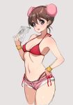  1girl bikini bracer breasts brown_hair bun_cover character_request commentary_request copyright_request double_bun hand_on_hip navel pink_shorts poin purple_eyes red_bikini short_hair short_shorts shorts sketch small_breasts solo spaghetti_strap swimsuit 